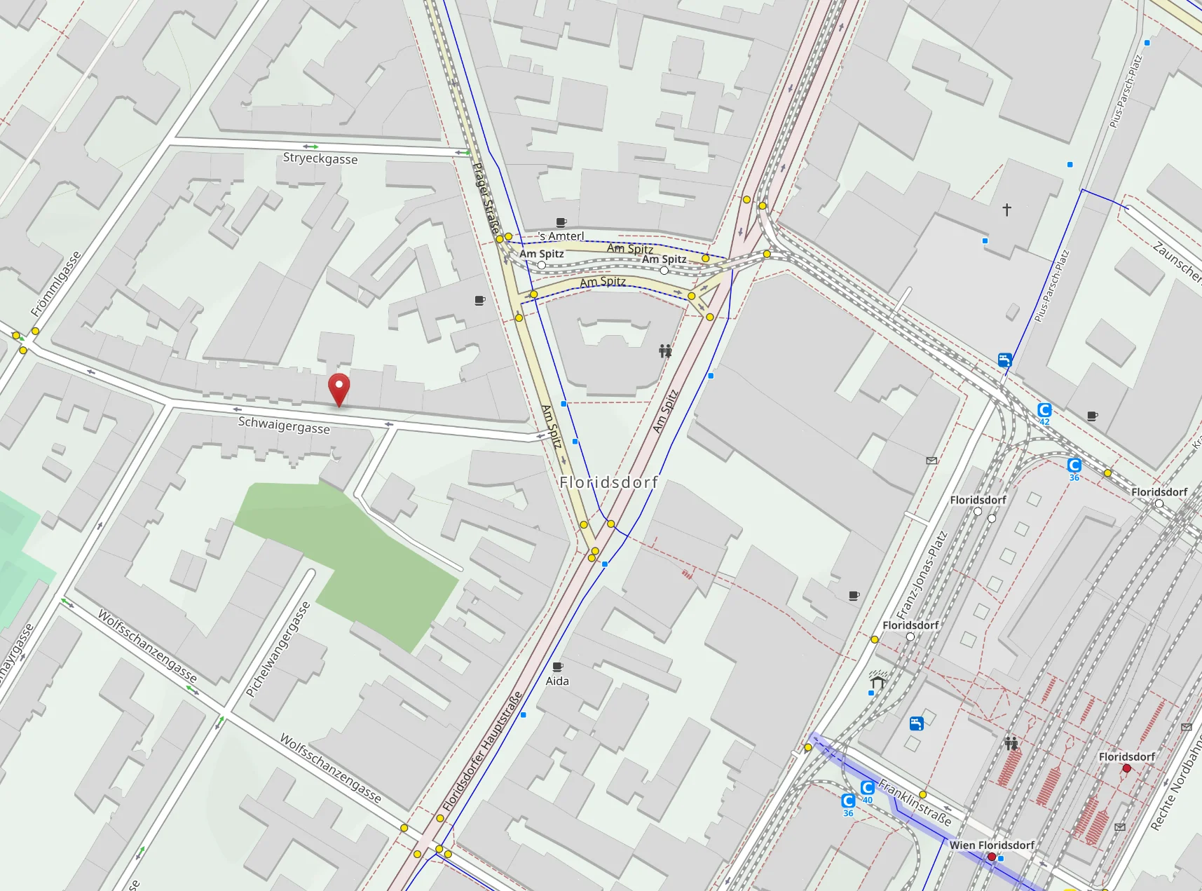 Karte: Lage der Ordination in der Schwaigergasse 35 in 1210 Wien, nahe Am Spitz und Bahnhof Floridsdorf